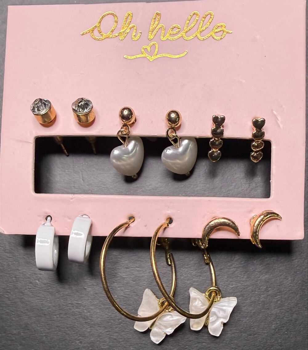 Oh Hello 6 Pairs Gold Tone Butterfly Heart Hoop & Stud Earrings Set